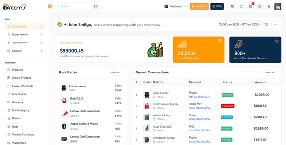 DreamsPOS - POS & Inventory Management Admin Dashboard (HTML, Angular 19, React 19, Vue, Laravel 12)